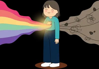 Girl in teal blowing a rainbow ribbon toward a jagged dark rock mass