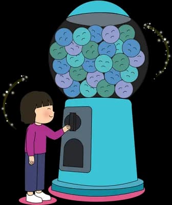 Girl turning the knob of a gumball machine as dark specks swirl around it