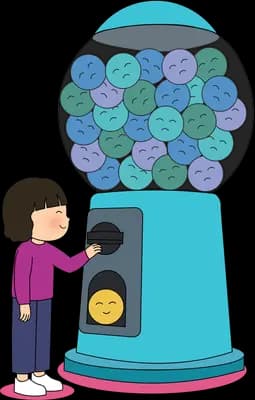 Girl at a gumball machine that dispenses a yellow smiley gumball
