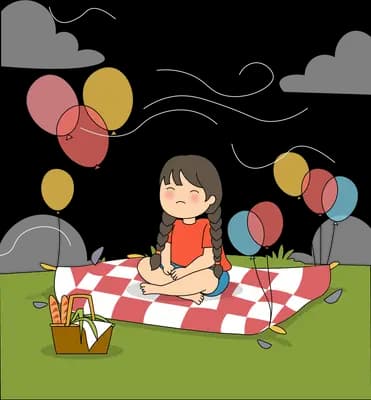 Girl on a red checkered picnic blanket surrounded by balloons and a picnic basket