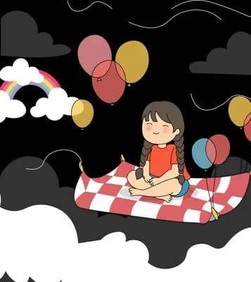 Girl on a checkered picnic blanket floating on clouds with balloons and a small rainbow