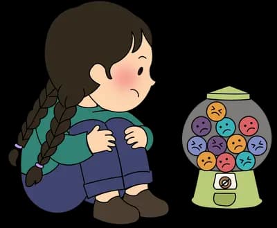 Girl crouching in front of a gumball machine full of coloured gumballs
