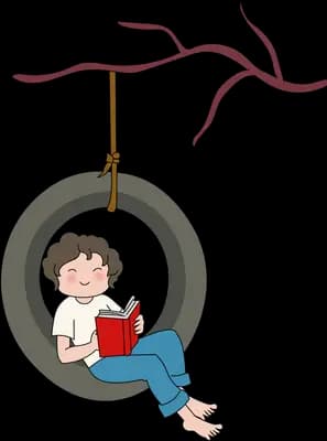 Boy reading a red book while lounging inside a hanging tyre swing under a maroon banner