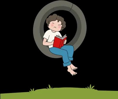 Boy sitting inside a tyre swing reading a red book