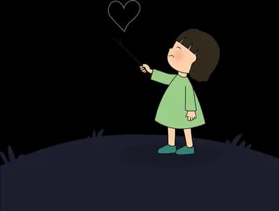 Girl on a dark grassy hill raising a stick toward the night sky