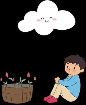 Boy seated beside potted tulips tethered to a smiling cloud floating above