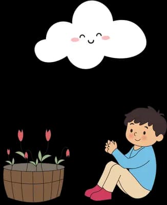Boy sitting on the ground gripping the string of a smiling cloud beside tulips