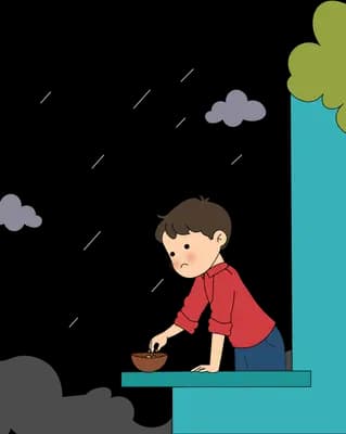 Boy resting his arms on a teal ledge beside a bowl and a treetop