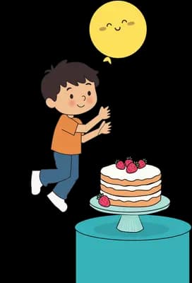 Boy with a smiling balloon walking toward a layered cake on a teal stand