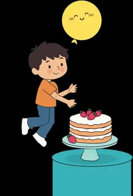 Boy holding a yellow smiley balloon beside a strawberry cake on a stand