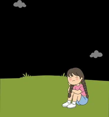 Girl sitting alone on a green field