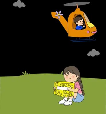 Girl on the grass opening a yellow parcel as a helicopter flies overhead