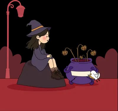 Woman in a black hat perched on a dark rock beside a purple pot of withered stems