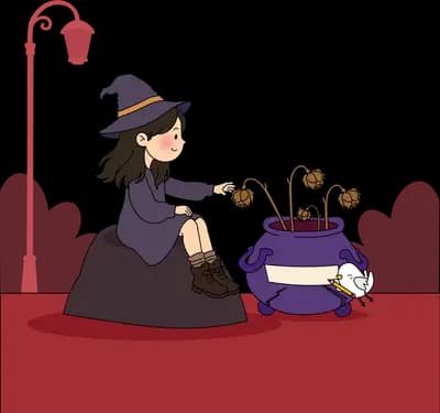 Woman in a wide hat reaching toward a purple pot of dried plants from a rock