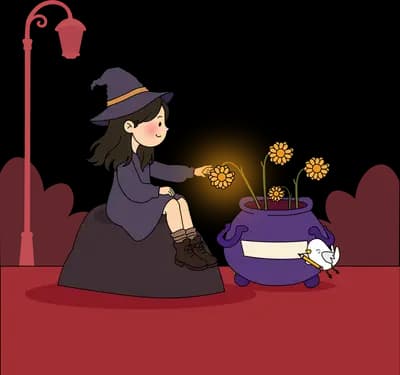 Woman in a black hat on a rock as a warm glow rises from her purple plant pot
