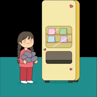 Girl clutching a handful of coins in front of a yellow vending machine