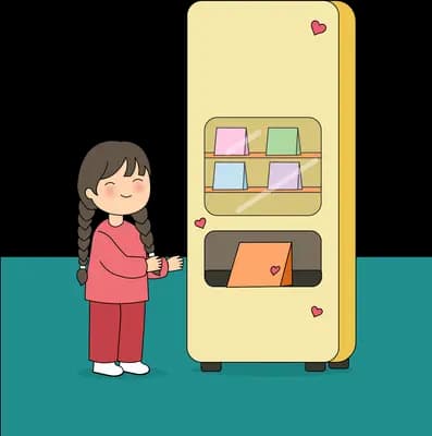 Girl smiling as she takes an orange packet from the vending machine tray