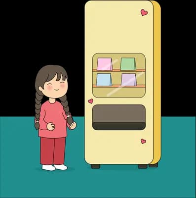 Girl standing empty-handed beside a yellow vending machine