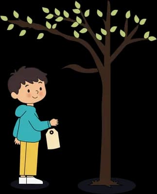 Boy holding a paper wish tag beside a young leafy tree