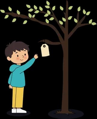 Boy tying a paper wish tag onto a branch of a leafy tree