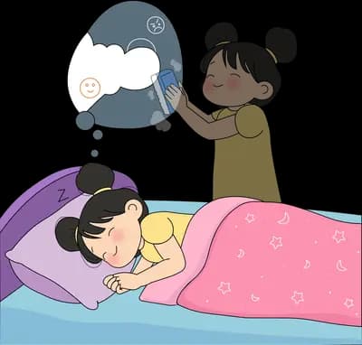 Caped girl flying out of a sleeping girl's dark dream cloud to clear it
