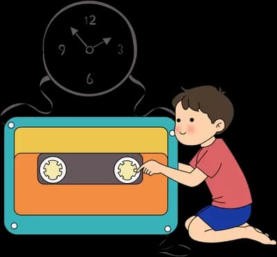 Boy rewinding a giant cassette tape with a clock drawn in the unspooled ribbon