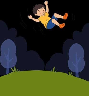 Boy tumbling through the air above a green hill with pale trees