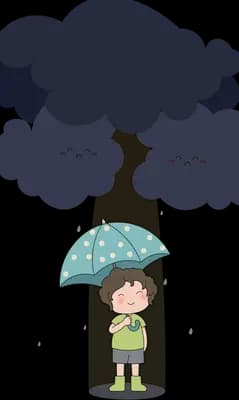 Small child holding a patterned umbrella under an enormous dark storm cloud