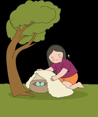 Girl kneeling to gather torn paper under a tree bent by the wind