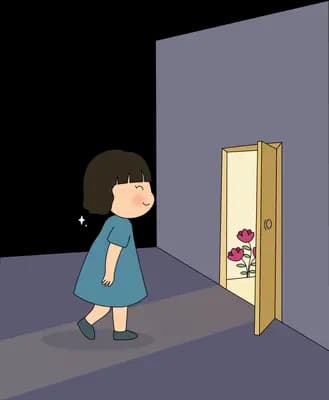 Girl standing in a dim room facing a door opening onto light