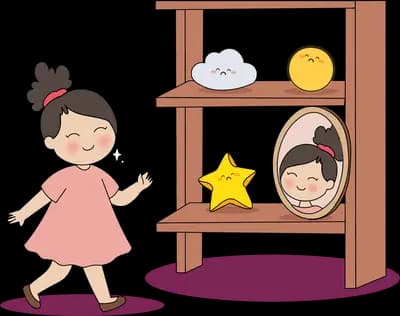 Girl in a pink dress reaching toward a shelf holding a cloud, sun, star and mirror
