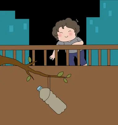 Person leaning over a balcony railing dropping a bottle and rubbish onto the street