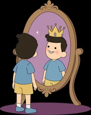 Boy seeing himself wearing a golden crown in an ornate standing mirror