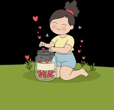 Boy kneeling on grass filling a glass jar with strawberries as hearts rise