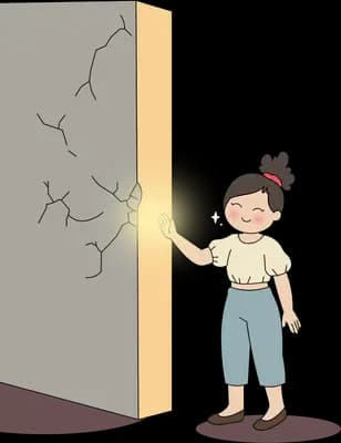 Child pushing open a cracked grey door that spills warm light from its edge
