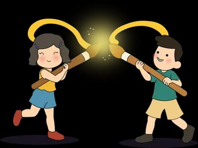 Two children crossing glowing wooden staffs in a mock duel