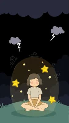 Girl sitting cross-legged among glowing stars beneath a dark sky