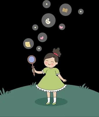 Girl in a green dress holding up a magnifying glass as small icons swirl above