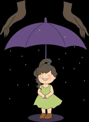 Girl standing under a purple umbrella held over her by two large hands