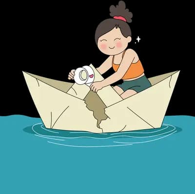 Two children sitting in a paper boat whose hull is tearing on the water