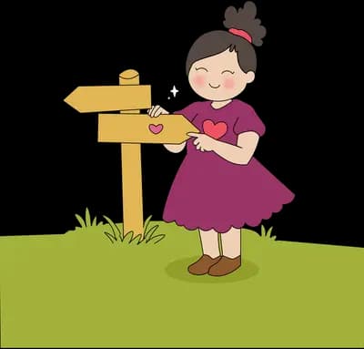 Caped child on a hilltop holding a red heart beside a wooden signpost