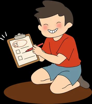 Boy kneeling and ticking items off a clipboard checklist