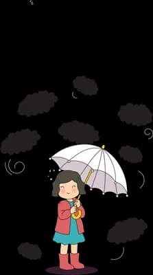 Small girl holding an umbrella hemmed in by dark grey clouds