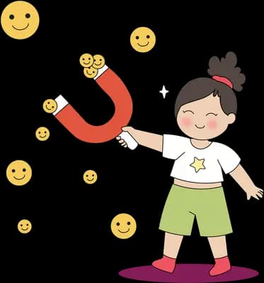 Boy holding a red horseshoe magnet that pulls in yellow smiley faces
