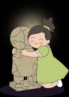 Child in a heavy stone shell hugging a soft white creature in a glow of light