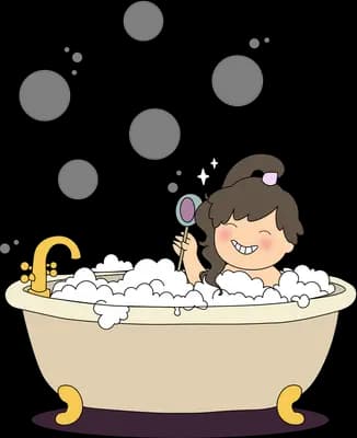 Girl soaking in a claw-foot bathtub among floating soap bubbles