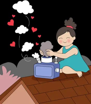 Girl sitting on a rooftop with a small radio as hearts and clouds drift up