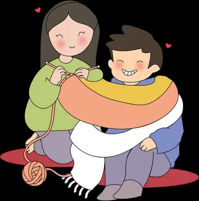Woman knitting a long scarf that wraps around a smiling man beside her
