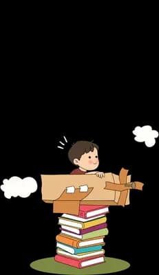 Boy reading on a stack of books hanging by strings from clouds