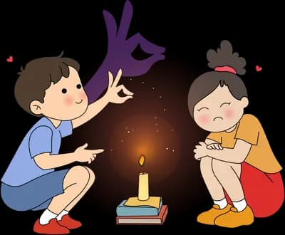 Boy and girl sitting around a lit candle on a dark rock at night